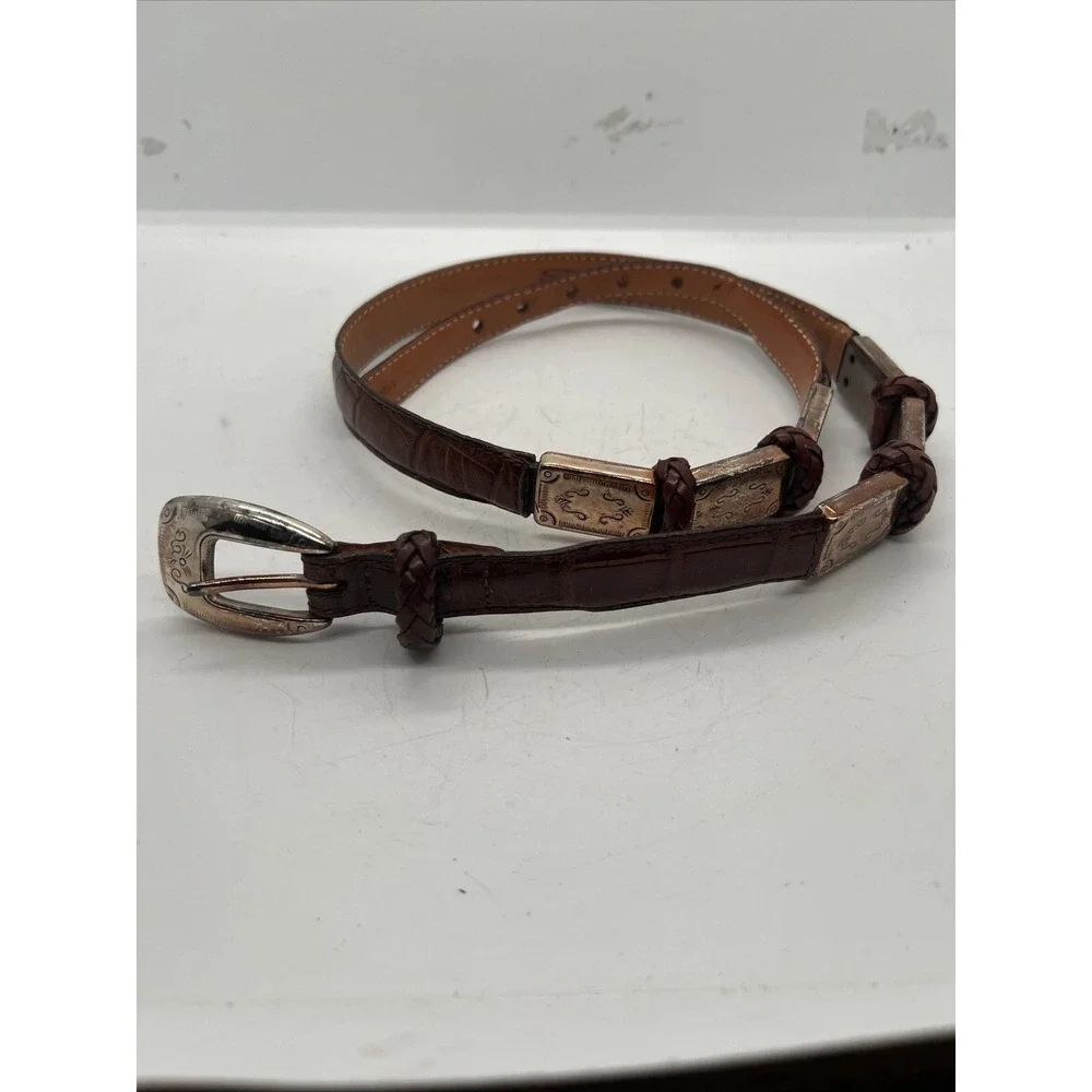Brighton Women's Brown Leather Belt Embossed Silver Tone‎ Braided Accent